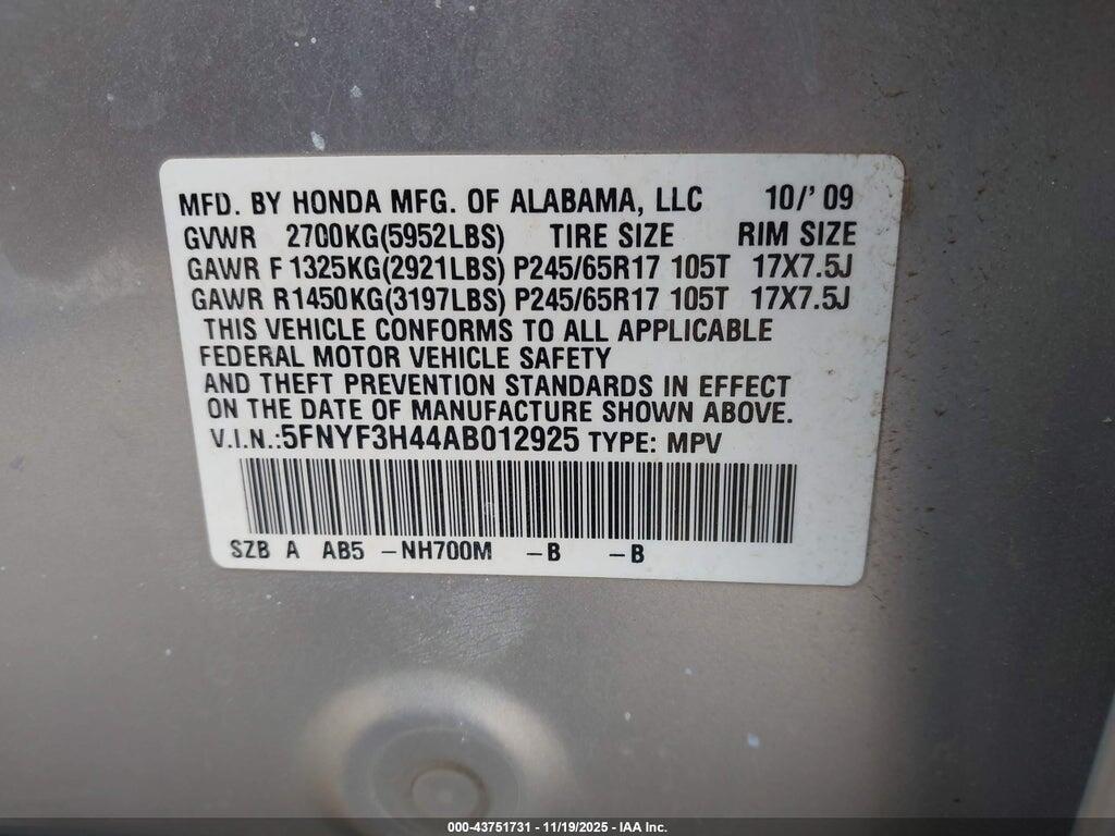 5FNYF3H44AB012925 2010 HONDA PILOT photo no. 9