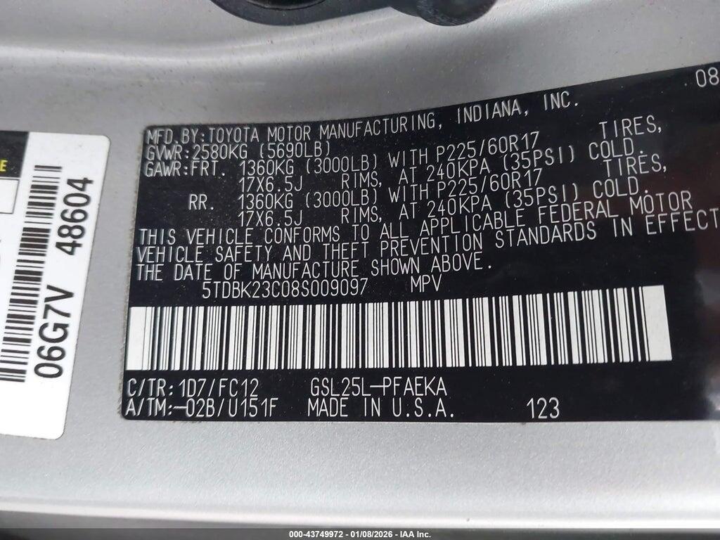 5TDBK23C08S009097 2008 TOYOTA SIENNA photo no. 9