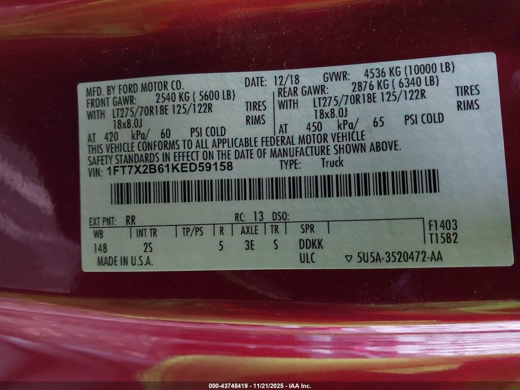 1FT7X2B61KED59158 2019 FORD F-250 photo no. 9