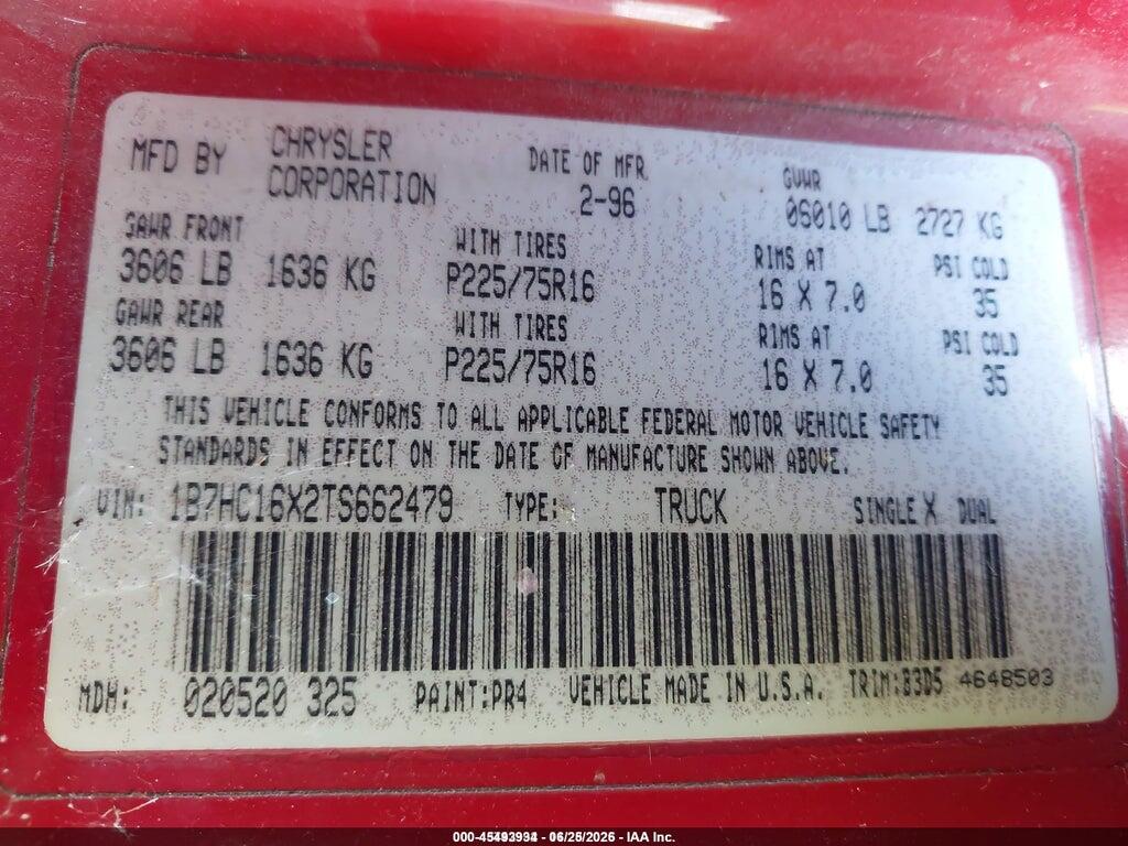 1B7HC16X2TS662479 1996 DODGE RAM 1500 photo no. 9