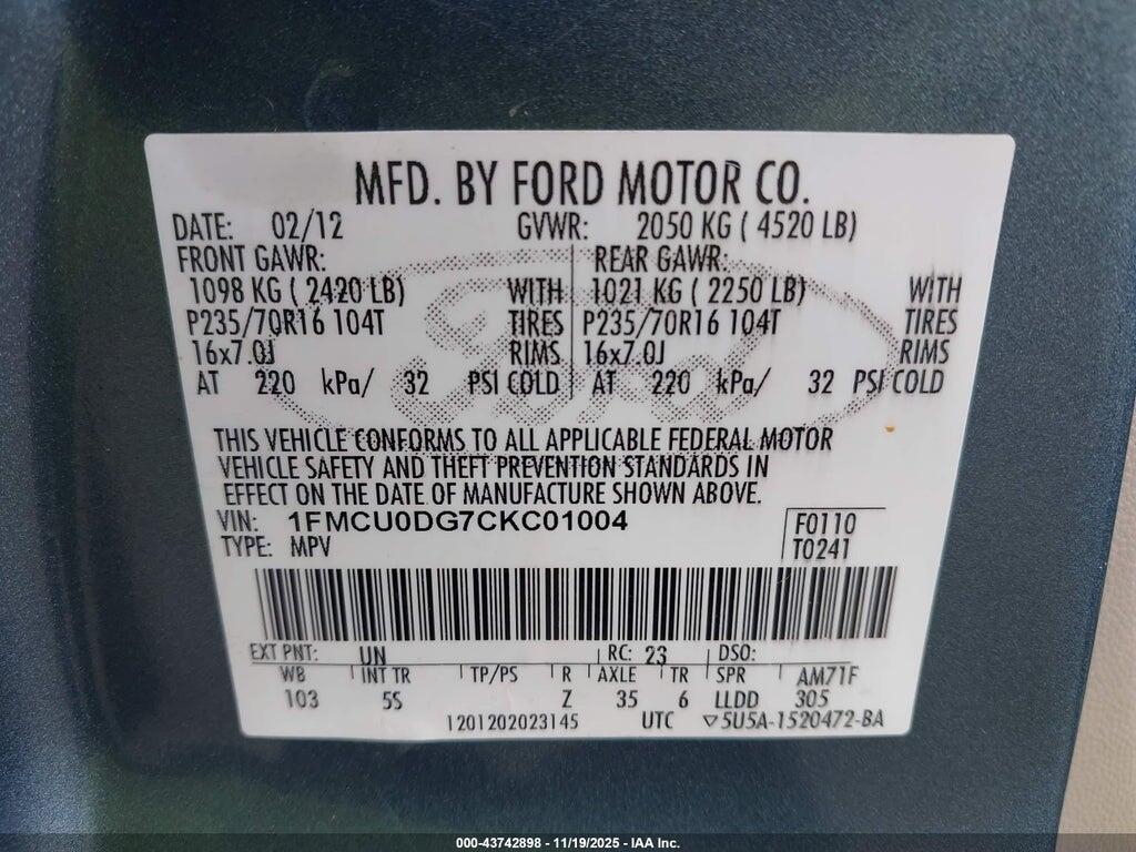 1FMCU0DG7CKC01004 2012 FORD ESCAPE photo no. 9