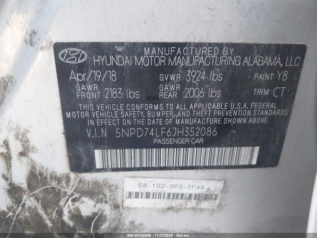5NPD74LF6JH352086 2018 HYUNDAI ELANTRA photo no. 9
