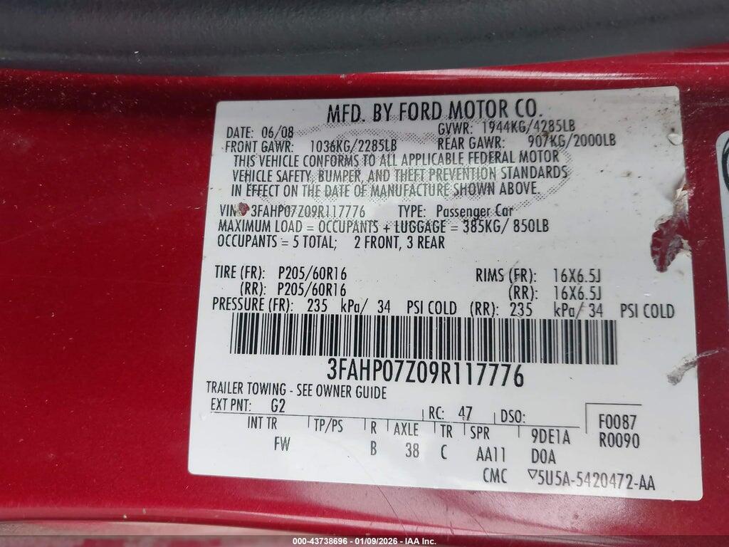 3FAHP07Z09R117776 2009 FORD FUSION photo no. 9