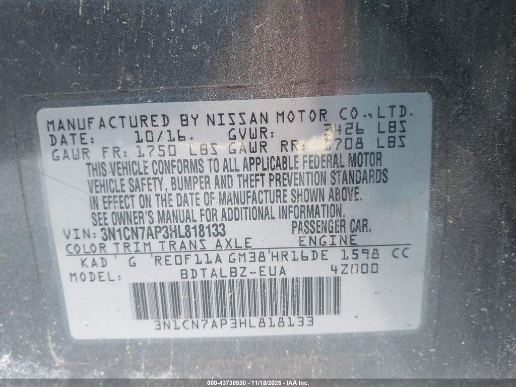 3N1CN7AP3HL818133 2017 NISSAN VERSA photo no. 9