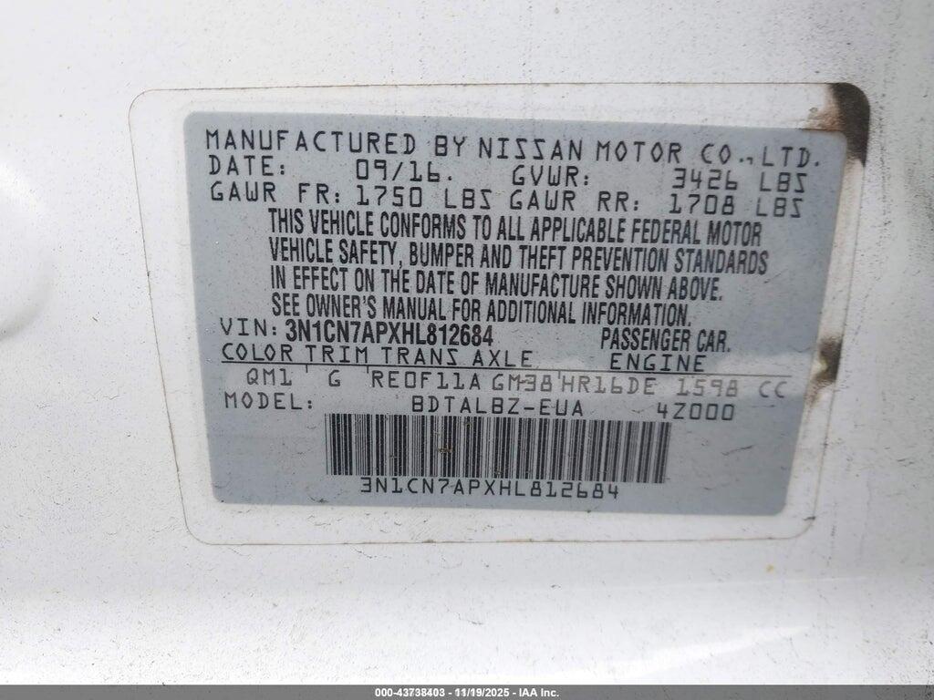 3N1CN7APXHL812684 2017 NISSAN VERSA photo no. 9