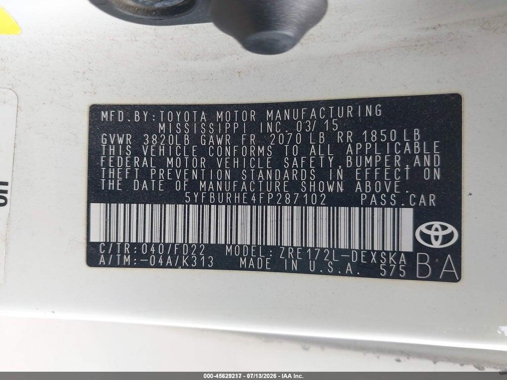 5YFBURHE4FP287102 2015 TOYOTA COROLLA photo no. 9