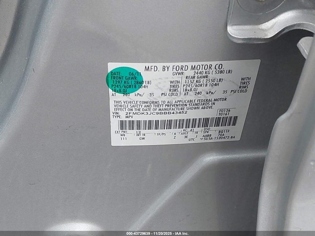 2FMDK3JC9BBB43452 2011 FORD EDGE photo no. 9