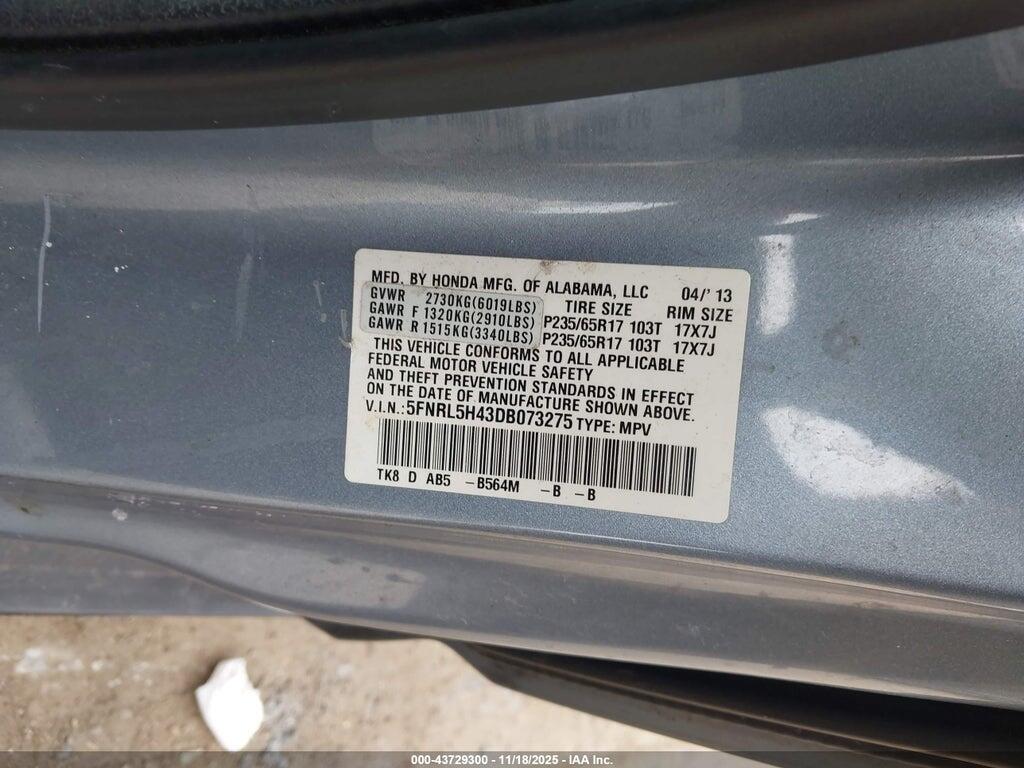 5FNRL5H43DB073275 2013 HONDA ODYSSEY photo no. 9