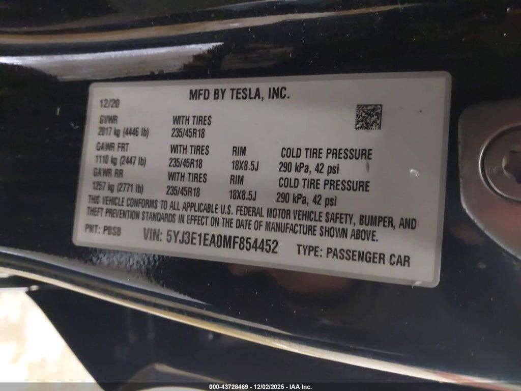 5YJ3E1EA0MF854452 2021 TESLA MODEL 3 photo no. 9
