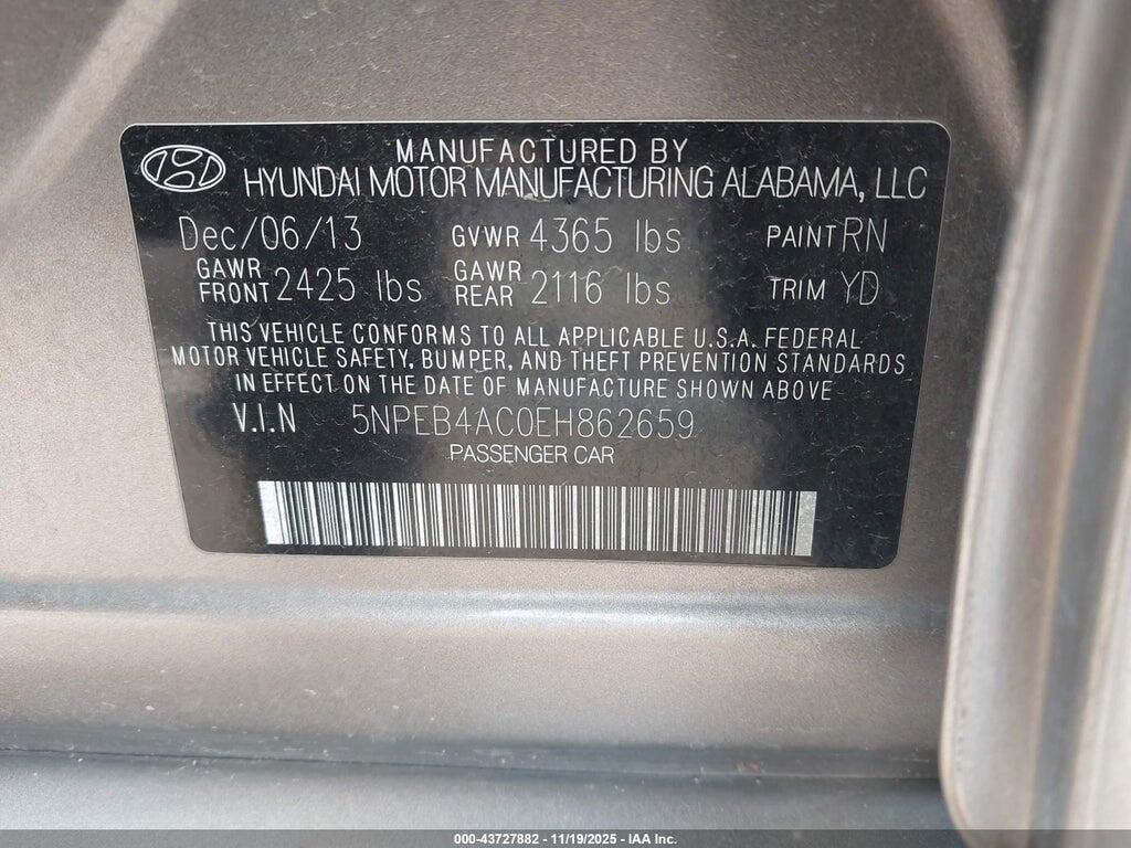5NPEB4AC0EH862659 2014 HYUNDAI SONATA photo no. 9