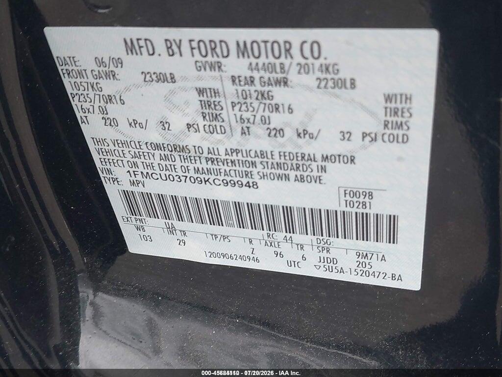 1FMCU03709KC99948 2009 FORD ESCAPE photo no. 9