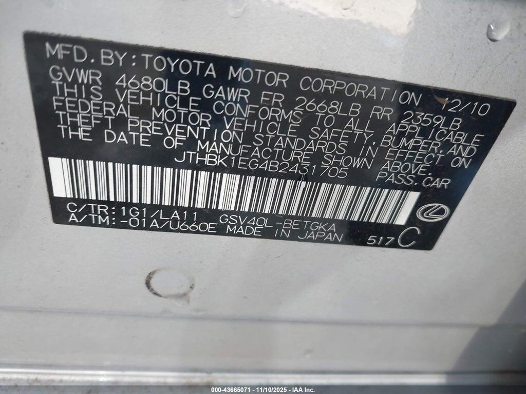 JTHBK1EG4B2431705 2011 LEXUS ES 350 photo no. 9