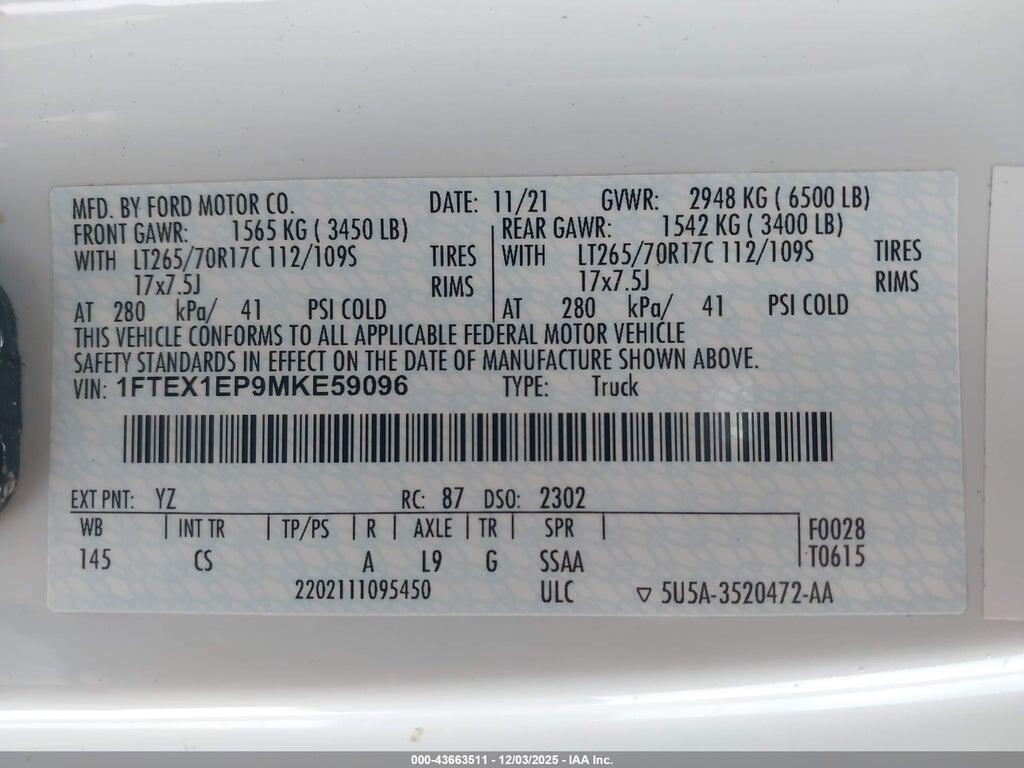 1FTEX1EP9MKE59096 2021 FORD F-150 photo no. 9