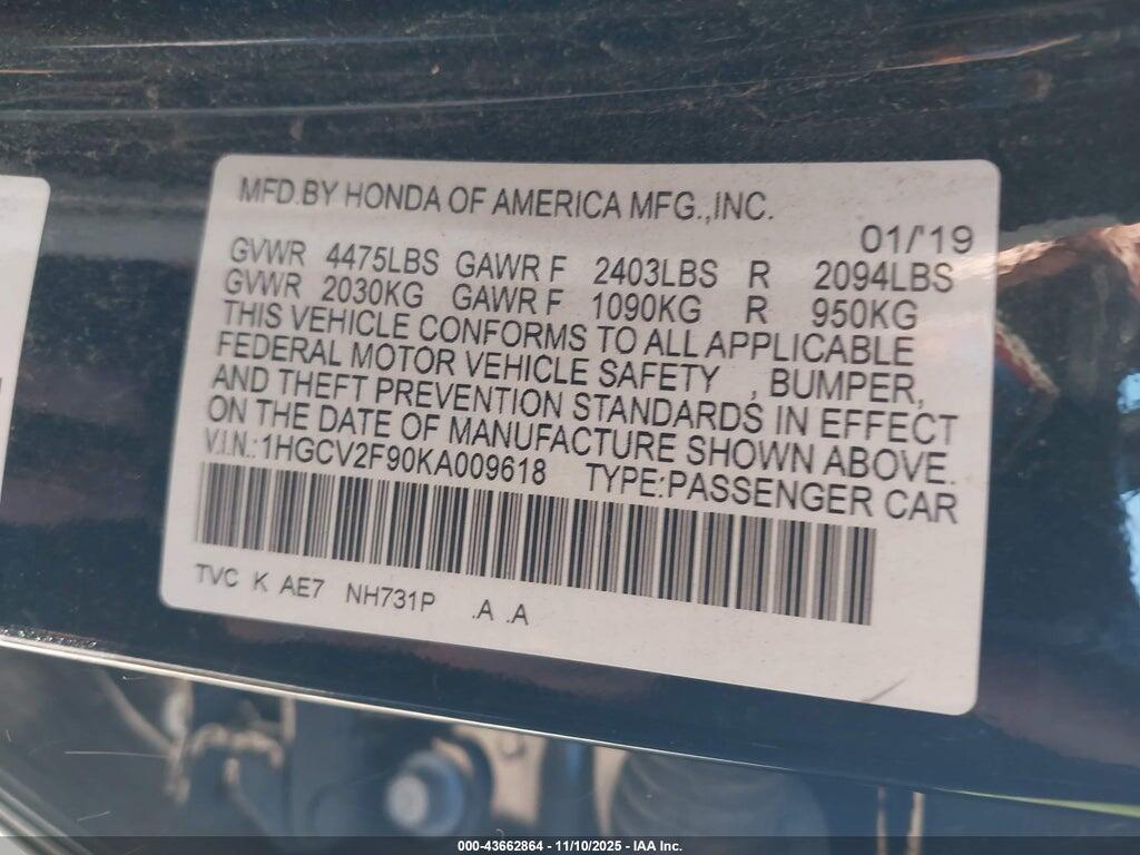 1HGCV2F90KA009618 2019 HONDA ACCORD photo no. 9