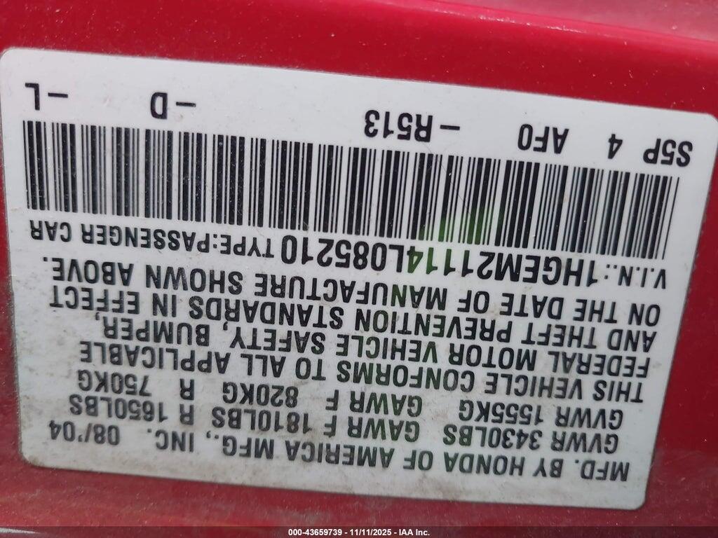 1HGEM21114L085210 2004 HONDA CIVIC photo no. 9