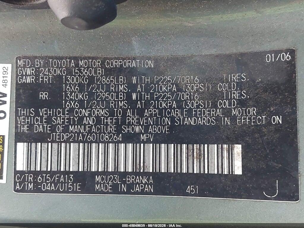 JTEDP21A760108264 2006 TOYOTA HIGHLANDER photo no. 9