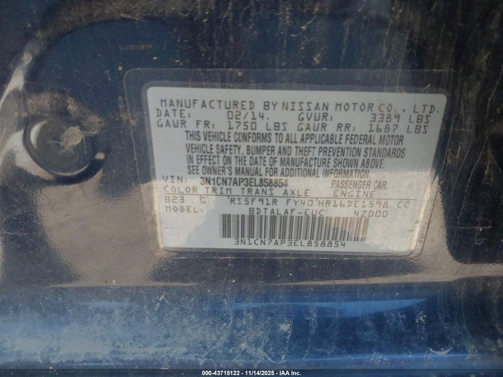 3N1CN7AP3EL858854 2014 NISSAN VERSA photo no. 9
