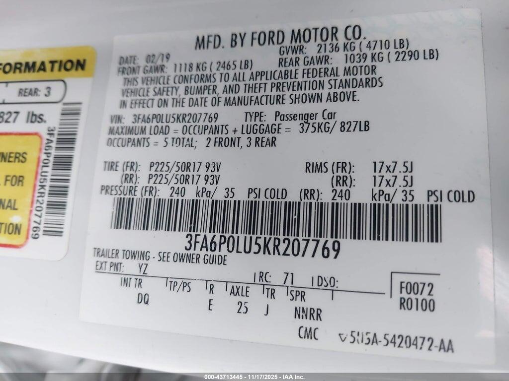 3FA6P0LU5KR207769 2019 FORD FUSION HYBRID photo no. 9