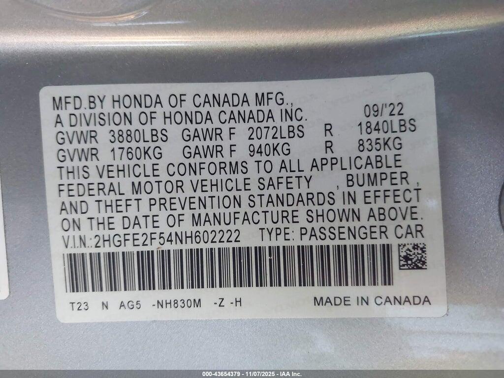 2HGFE2F54NH602222 2022 HONDA CIVIC photo no. 9