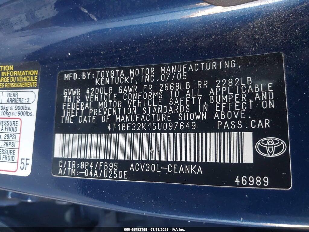 4T1BE32K15U097649 2005 TOYOTA CAMRY photo no. 9