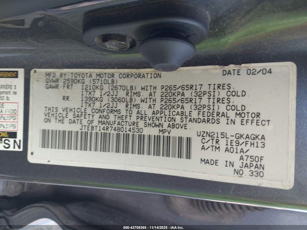 JTEBT14R748014530 2004 TOYOTA 4RUNNER photo no. 9