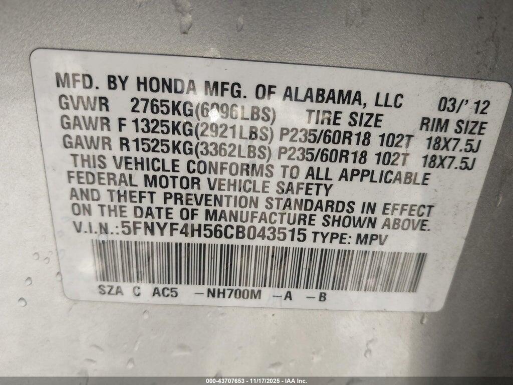 5FNYF4H56CB043515 2012 HONDA PILOT photo no. 9