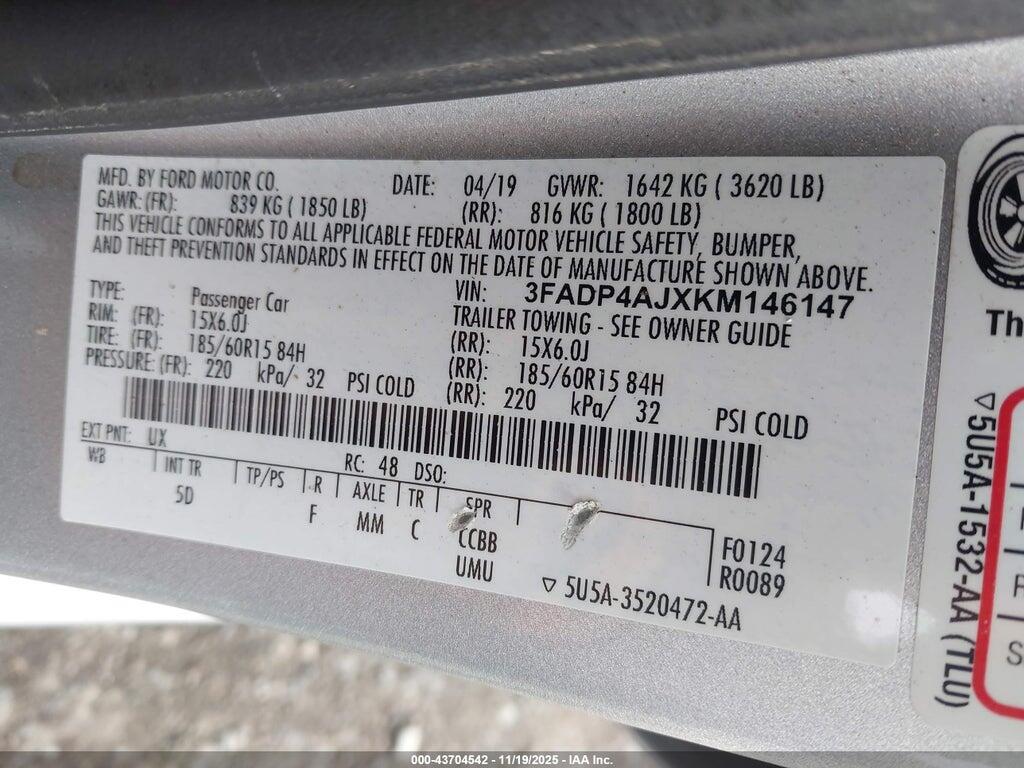 3FADP4AJXKM146147 2019 FORD FIESTA photo no. 9