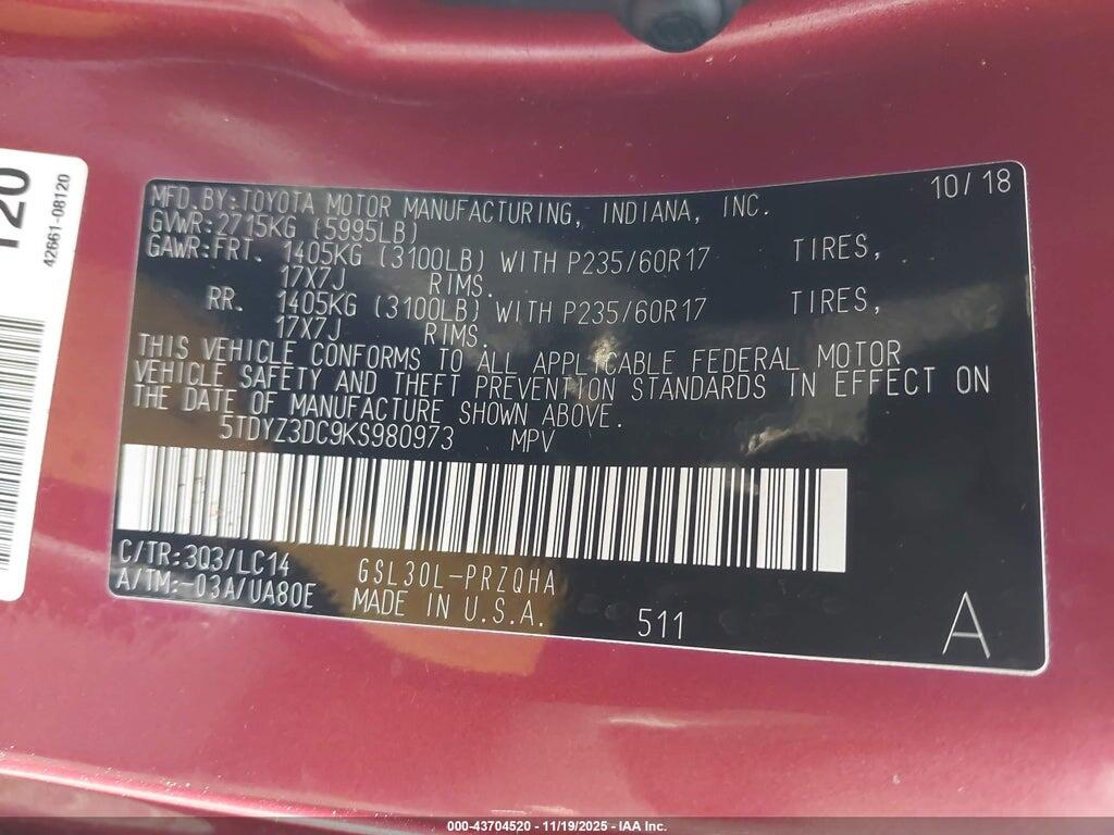 5TDYZ3DC9KS980973 2019 TOYOTA SIENNA photo no. 9