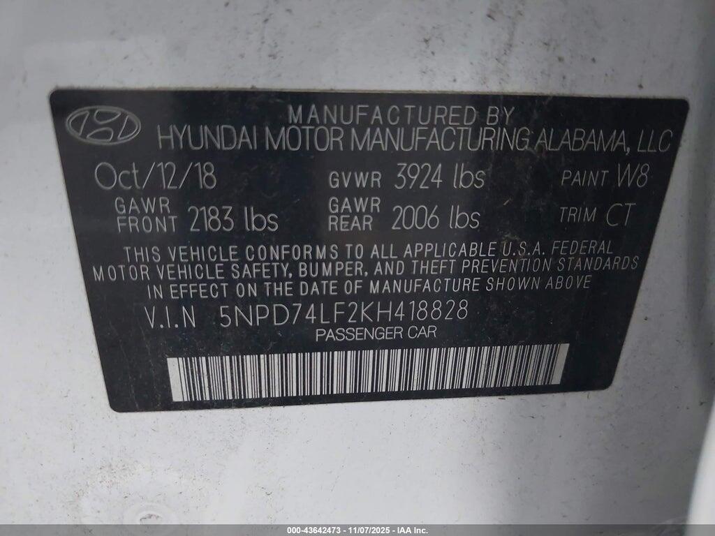 5NPD74LF2KH418828 2019 HYUNDAI ELANTRA photo no. 9