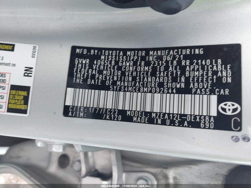 5YFS4MCE8MP092644 2021 TOYOTA COROLLA photo no. 9