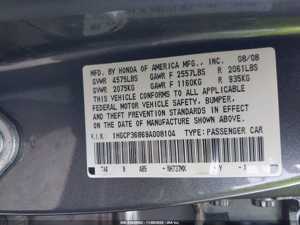 1HGCP36869A008104 2009 HONDA ACCORD photo no. 9