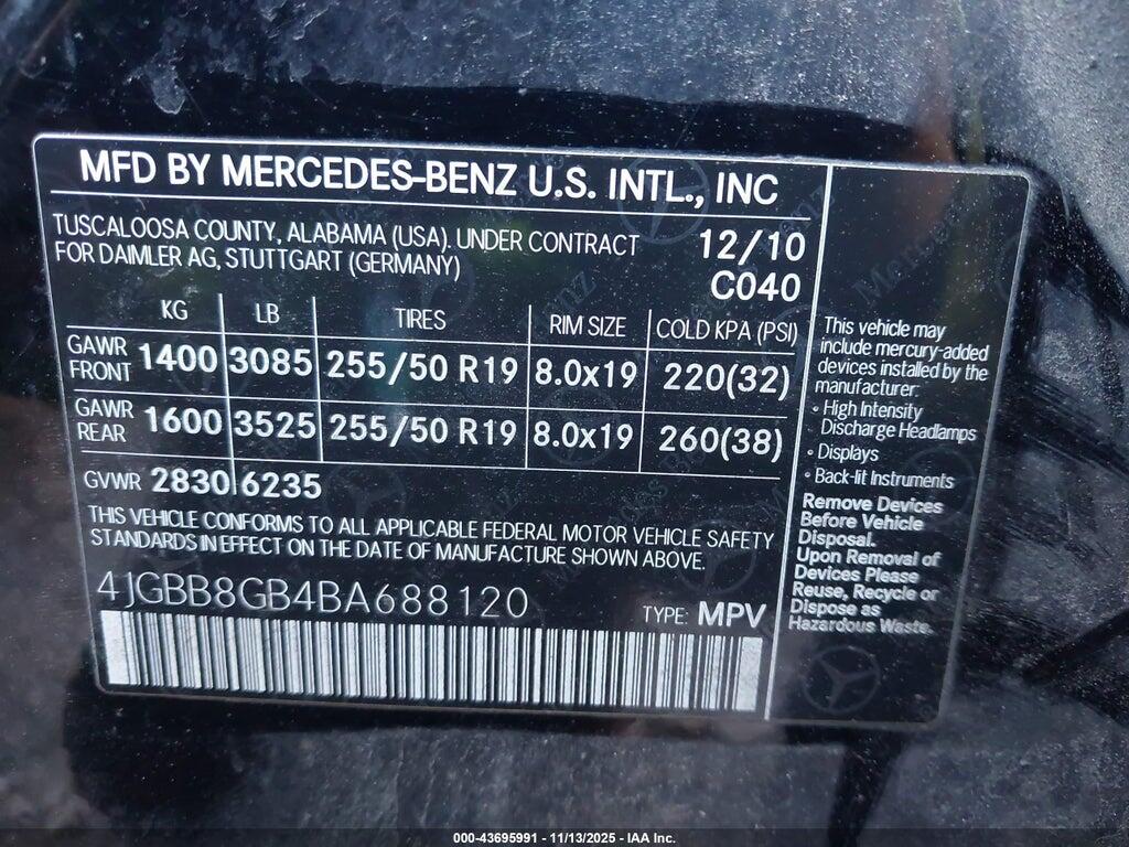 4JGBB8GB4BA688120 2011 MERCEDES-BENZ ML 350 photo no. 9