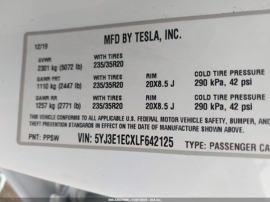 5YJ3E1ECXLF642125 2020 TESLA MODEL 3 photo no. 9