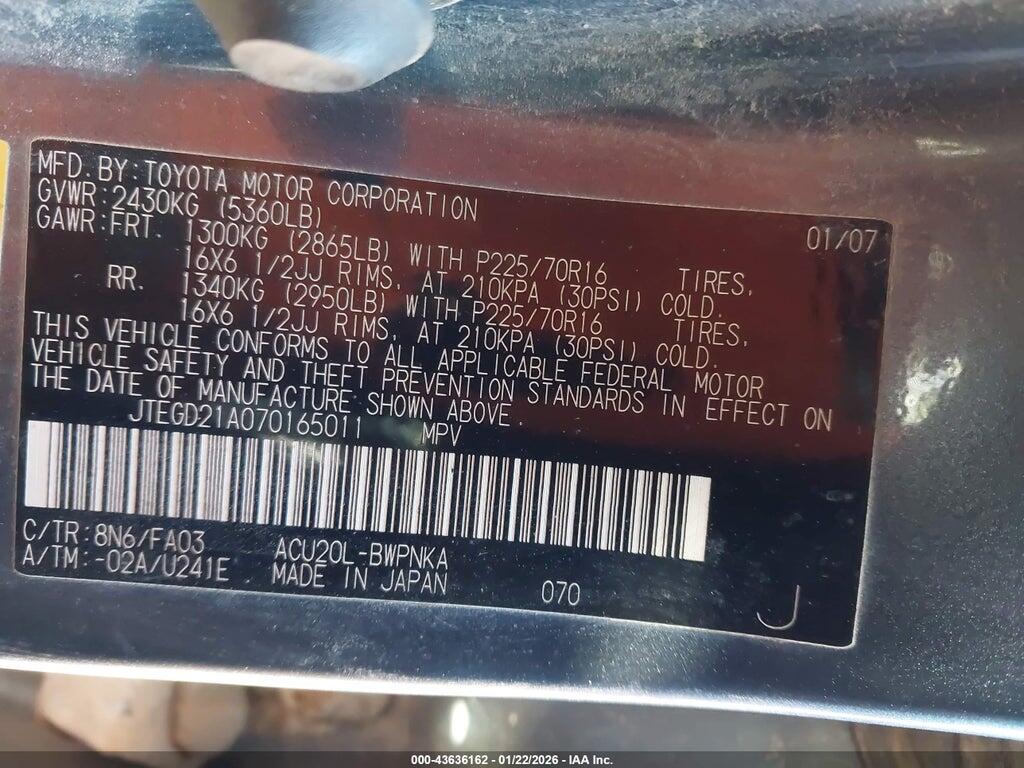 JTEGD21A070165011 2007 TOYOTA HIGHLANDER photo no. 9