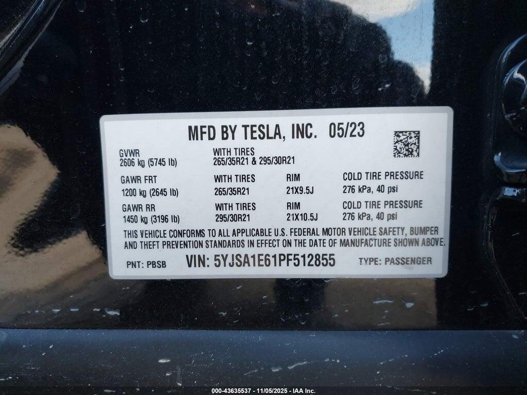 5YJSA1E61PF512855 2023 TESLA MODEL S photo no. 9