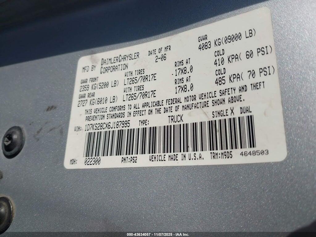 1D7KS28CX6J187995 2006 DODGE RAM 2500 photo no. 9