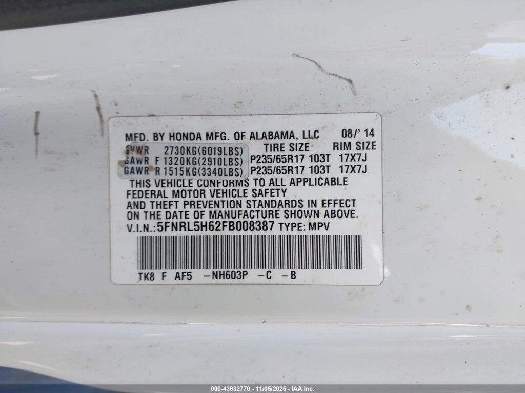 5FNRL5H62FB008387 2015 HONDA ODYSSEY photo no. 9