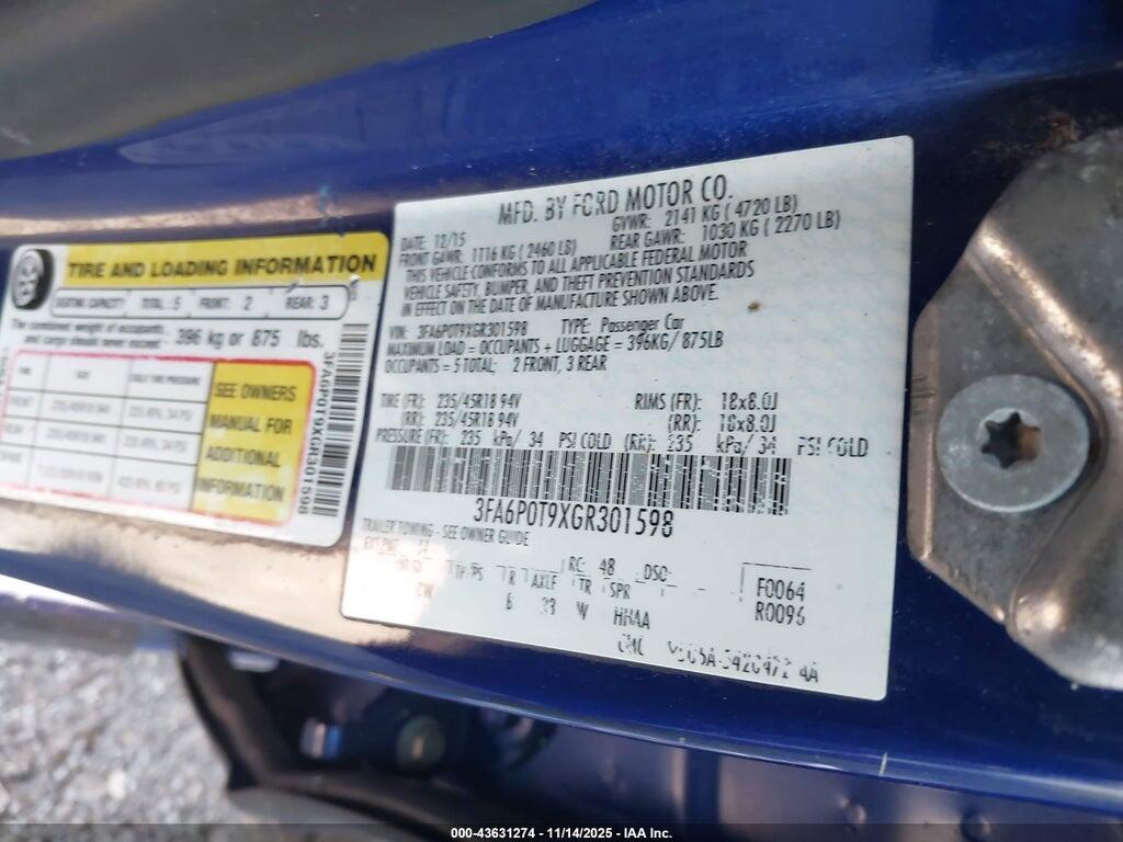 3FA6P0T9XGR301598 2016 FORD FUSION photo no. 9