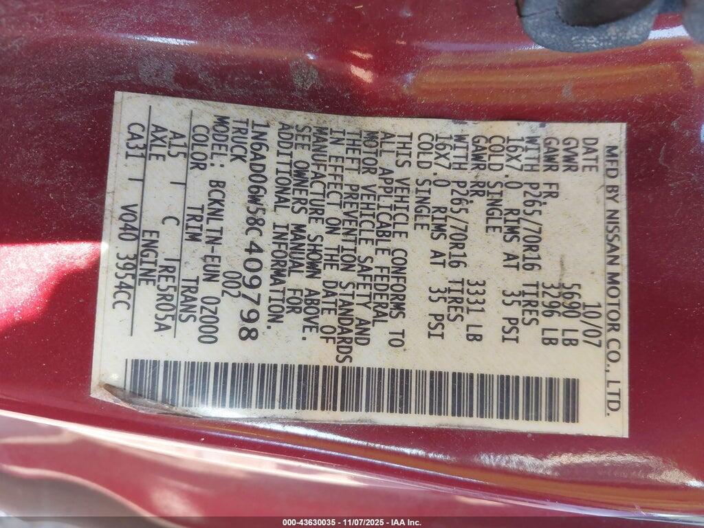 1N6AD06W58C409798 2008 NISSAN FRONTIER photo no. 9