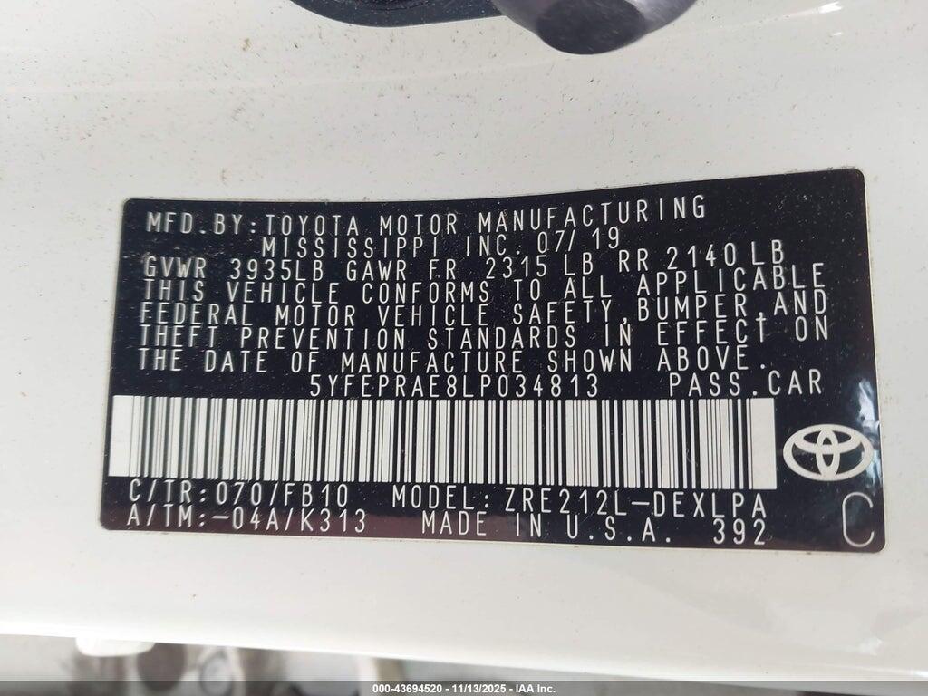 5YFEPRAE8LP034813 2020 TOYOTA COROLLA photo no. 9