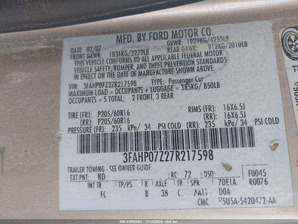 3FAHP07Z27R217598 2007 FORD FUSION photo no. 9