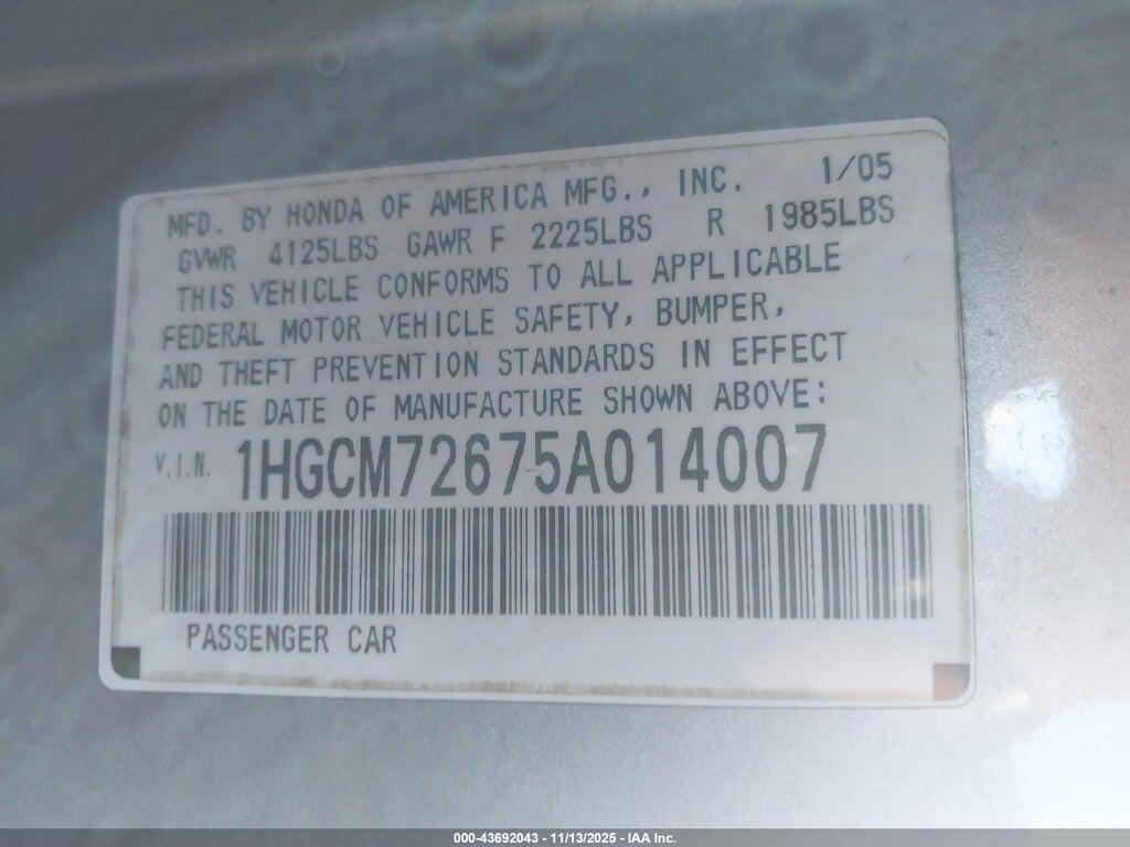 1HGCM72675A014007 2005 HONDA ACCORD photo no. 9