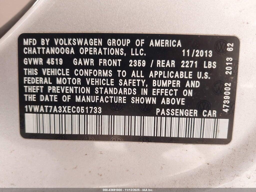 1VWAT7A3XEC051733 2014 VOLKSWAGEN PASSAT photo no. 9