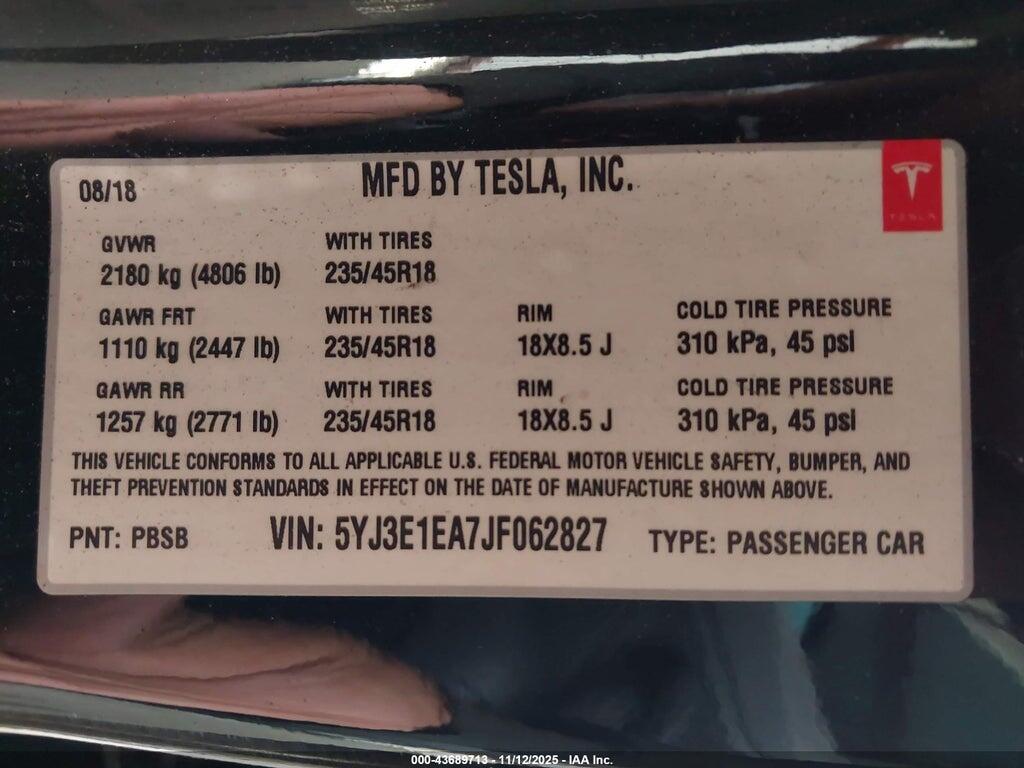 5YJ3E1EA7JF062827 2018 TESLA MODEL 3 photo no. 9