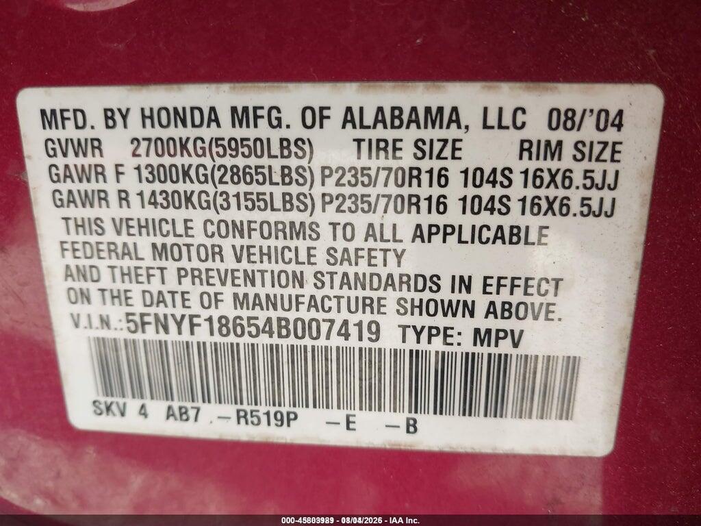 5FNYF18654B007419 2004 HONDA PILOT photo no. 9
