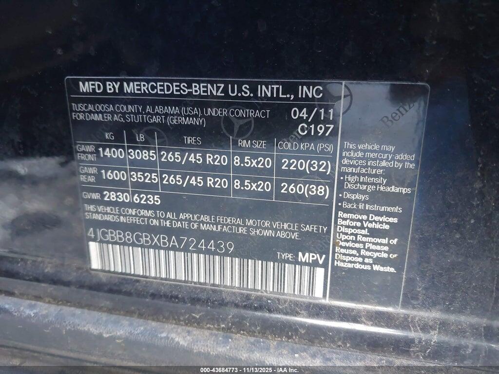 4JGBB8GBXBA724439 2011 MERCEDES-BENZ ML photo no. 9