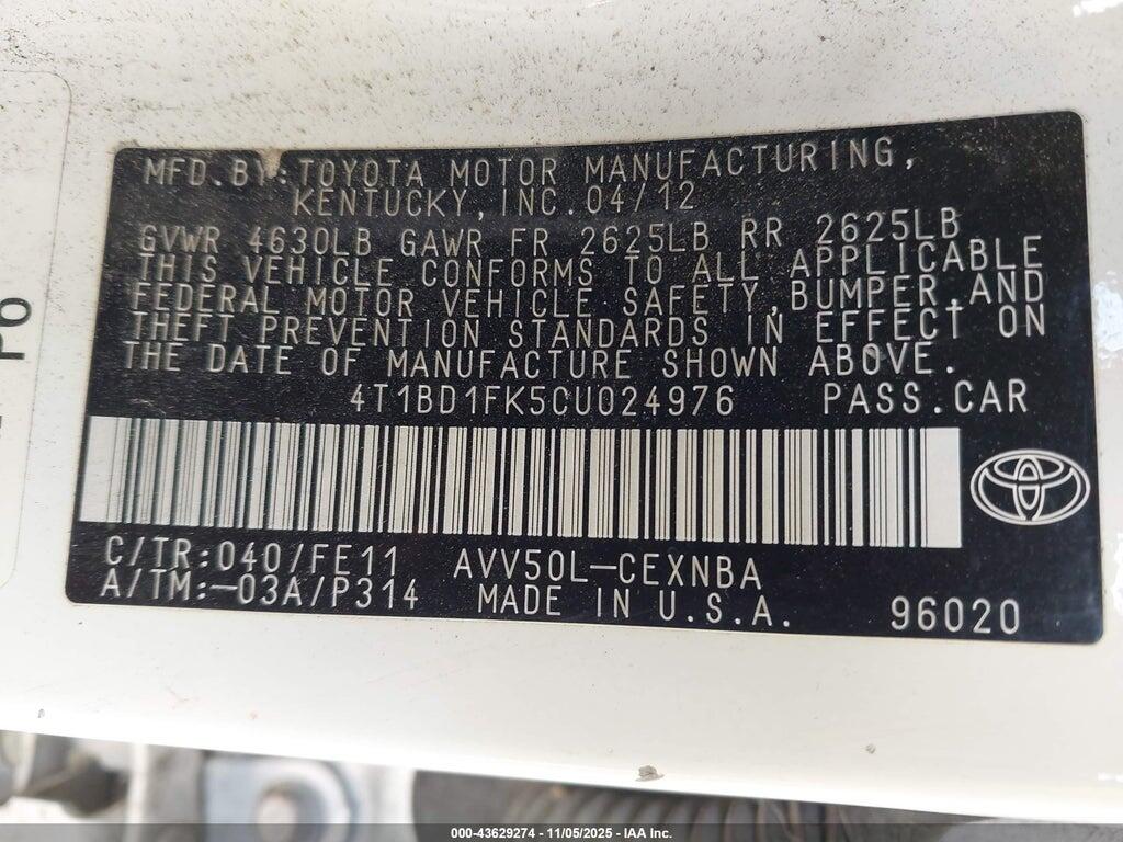 4T1BD1FK5CU024976 2012 TOYOTA CAMRY HYBRID photo no. 9