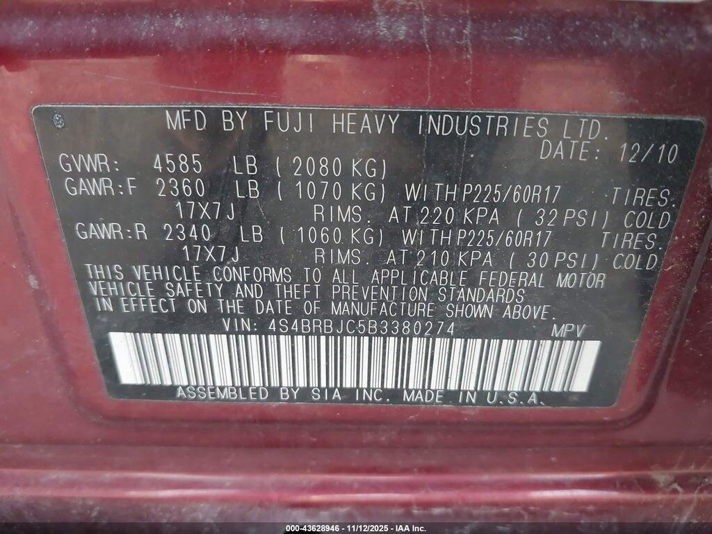 4S4BRBJC5B3380274 2011 SUBARU OUTBACK photo no. 9