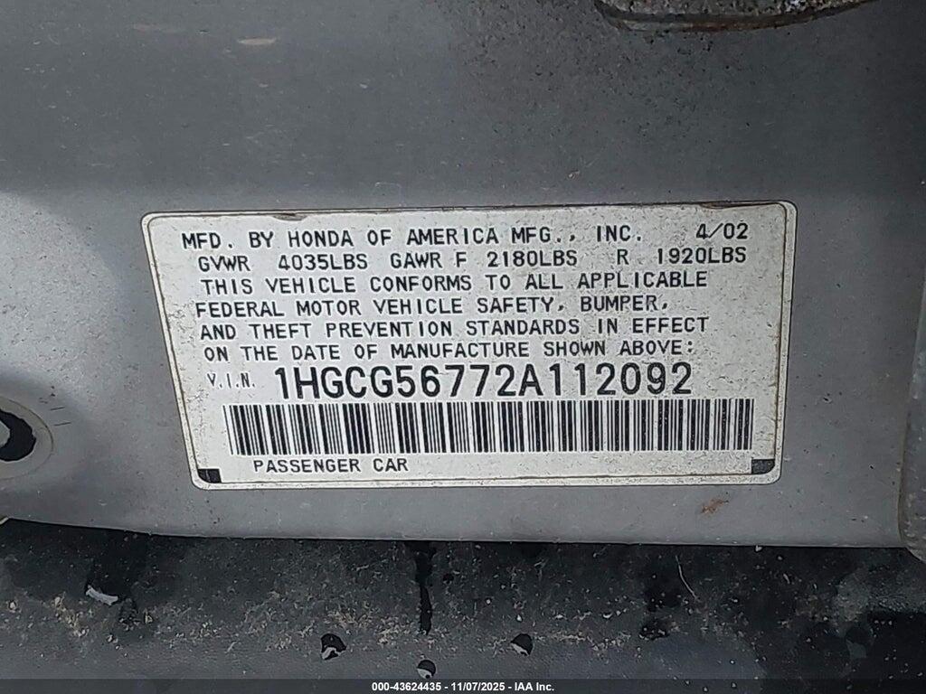 1HGCG56772A112092 2002 HONDA ACCORD photo no. 9