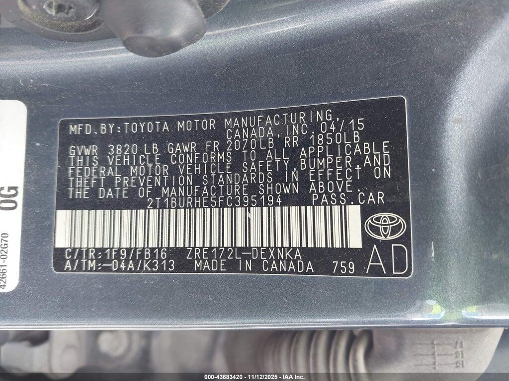 2T1BURHE5FC395194 2015 TOYOTA COROLLA photo no. 9